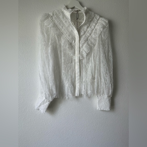 Alice + Olivia | RHEBA MOCK NECK BUTTON FRONT LACE TOP - Picture 8 of 13